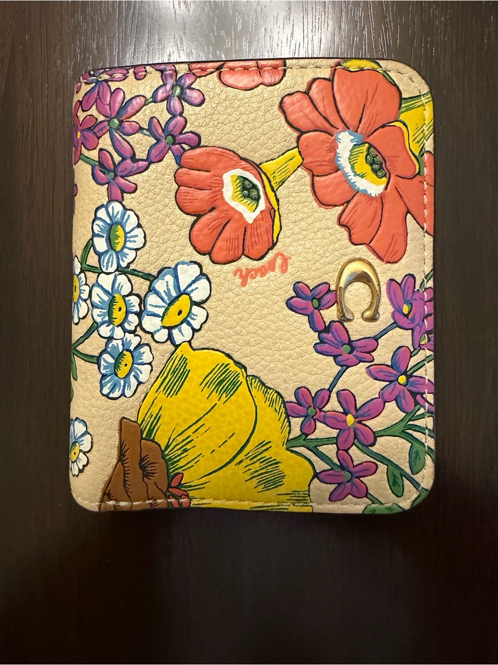 Coach Beige Floral Zip Wallet with Multicolor Blooms
